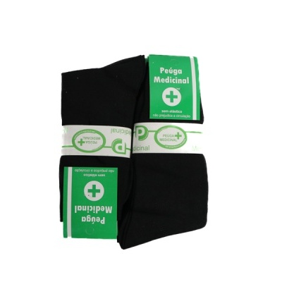 Par de meias pretas com embalagem verde e branca Peúga Medicinal