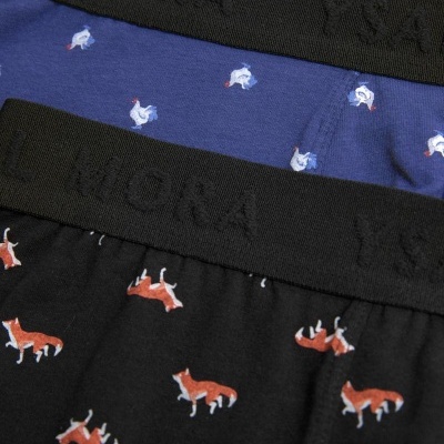Dois pares de boxers azul e preto com estampados de galinhas e raposas e cintura elástica preta com texto em relevo.