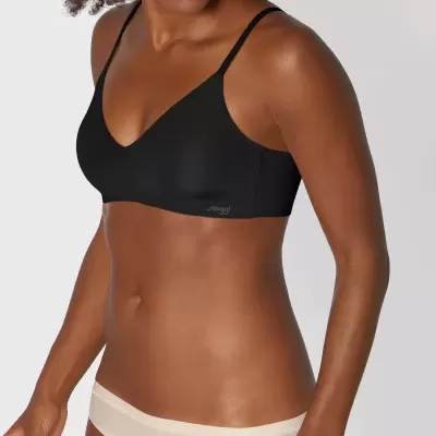 Soutien preto liso com alças finas e etiqueta 'sloggi' na lateral, usado por modelo.