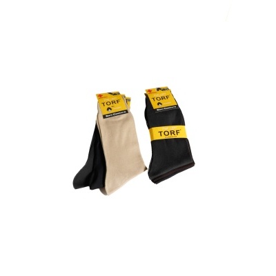 Embalagens de meias TORF clássico preto e bege com etiquetas amarelas.
