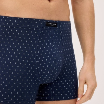 Cuecas boxers azuis escuras com padrão de âncoras e etiqueta YSABEL MORA