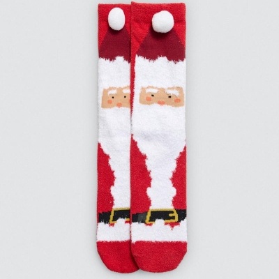 Par de meias macias vermelhas com desenho de Pai Natal e pompom branco.
