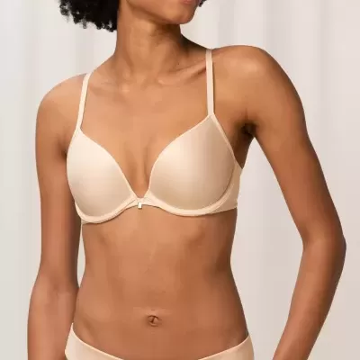 Soutien bege claro com alças finas, tecido liso, copas moldadas