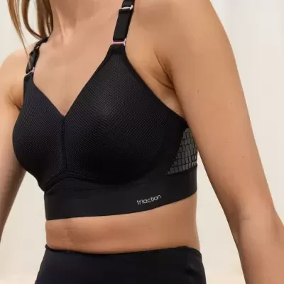 Soutien desportivo preto com alças ajustáveis e padrão geométrico nas laterais