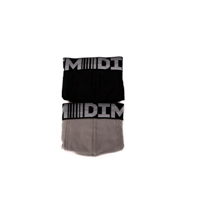 Duas cuecas preta e cinzenta com cintas elásticas pretas estampadas DIM sobre fundo branco