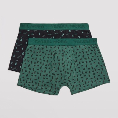 Conjunto de dois calções de roupa interior masculinos de algodão, um verde e outro preto com padrões pequenos e cintura elástica verde com logo