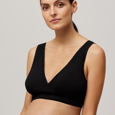 Top de soutien preto com decote em V e acabamento em renda