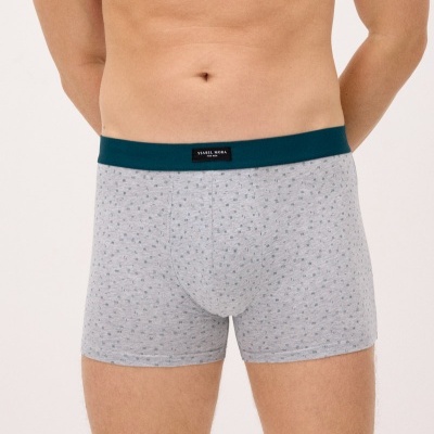 Cuecas boxer cinza claro com padrão de pontos e cós azul escuro