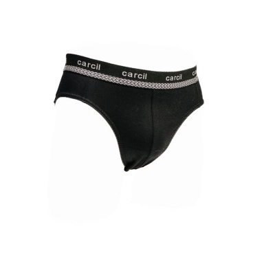 Cueca preta com cós elástico com a palavra carcil