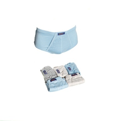 Cuecas masculinas de algodão azul claro e bege com riscas verticais e etiqueta da marca em embalagem dupla