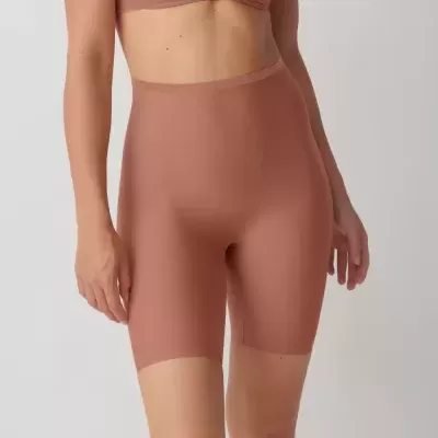 Calções justos femininos castanhos claros com cintura alta e textura lisa