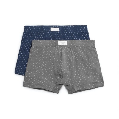 Dois boxers masculinos com padrões pequenos, cinzento e azul escuro.