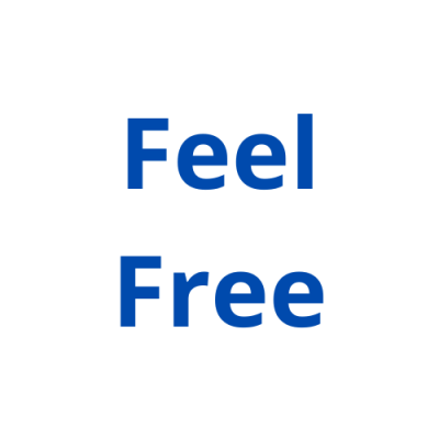 Texto 'Feel Free' em letras azuis sobre fundo branco