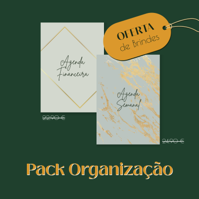 Dois cadernos de organização com textos e preços riscado, fundo verde e etiqueta amarela com oferta