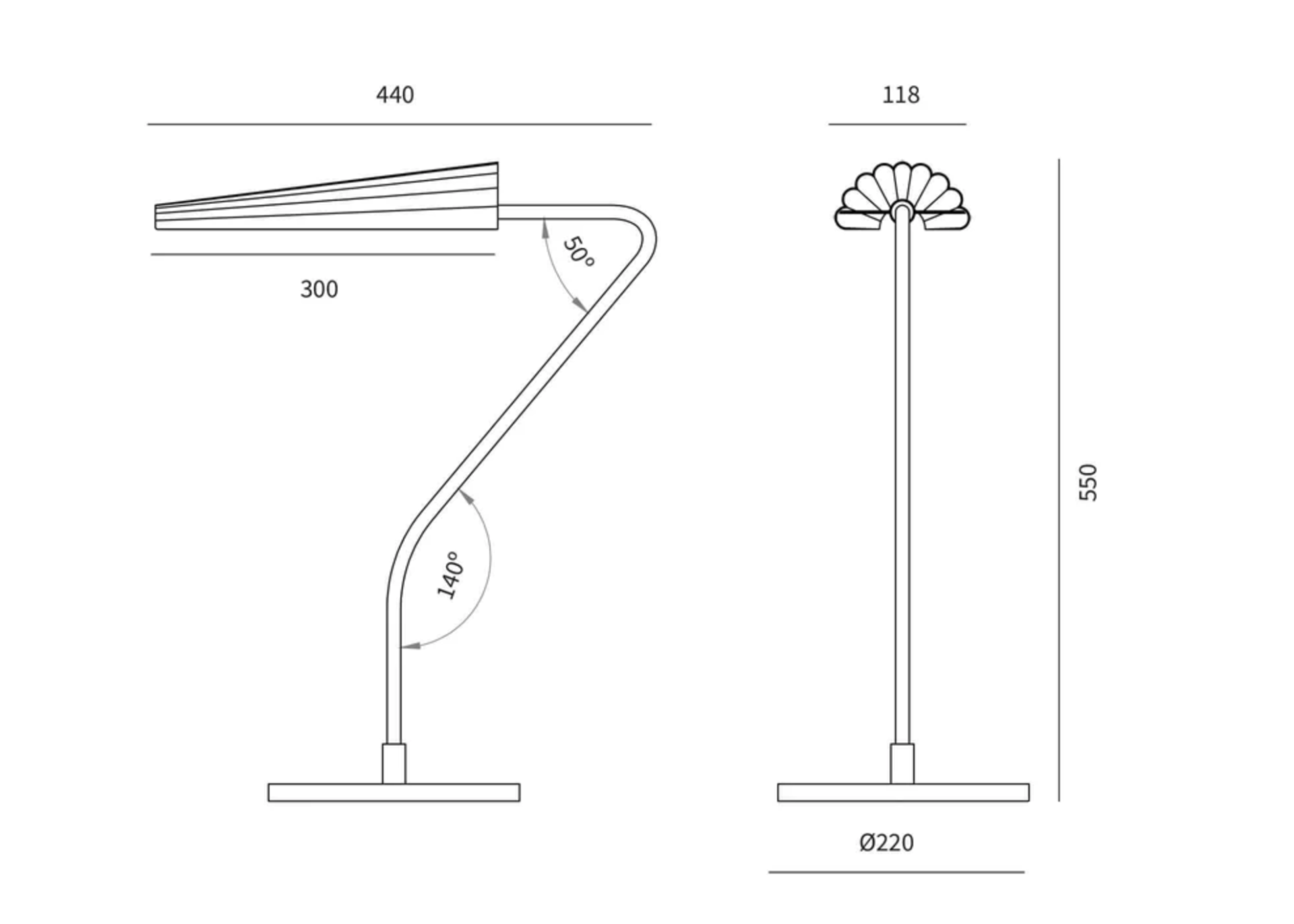 BION mesa Desenho técnico de candeeiro de mesa com dimensões e ângulos indicados.