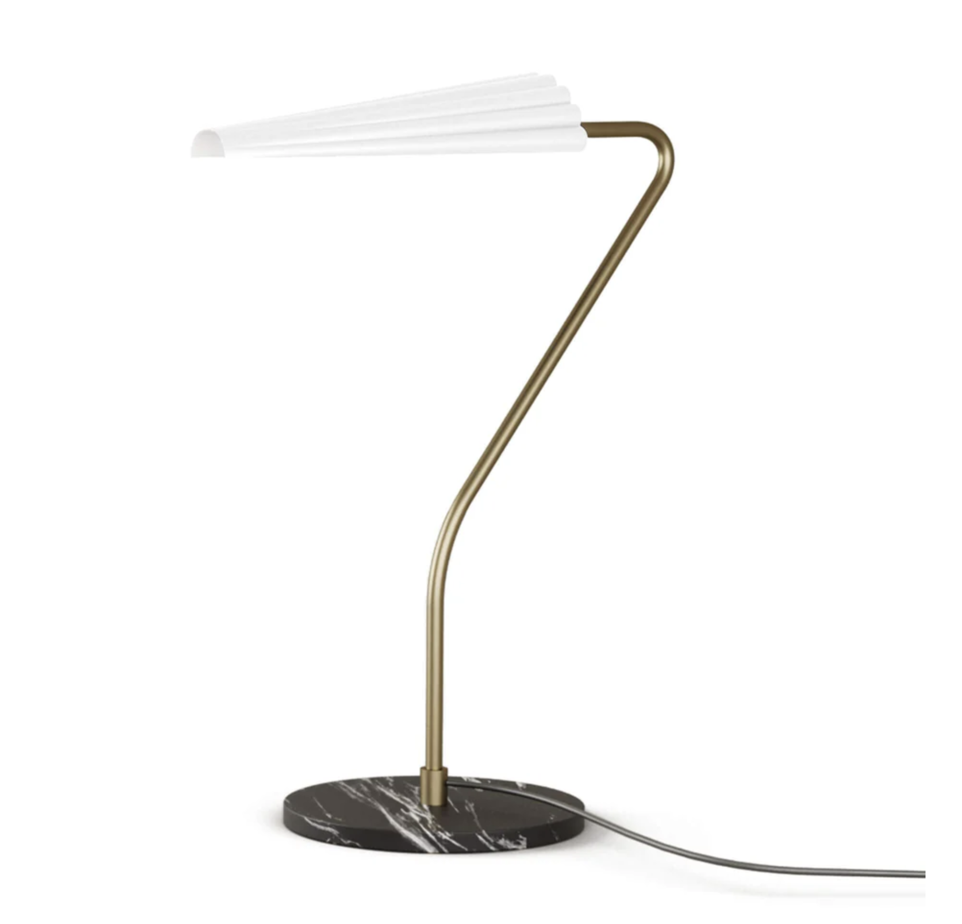 BION mesa Candeeiro de mesa com base de mármore preto, haste dourada curvada e cúpula branca dobrada