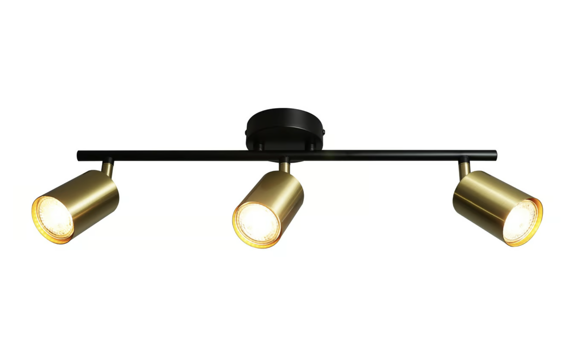 EXPLORE Candeeiro tectóreo de três luzes com estrutura preta e suportes dourados