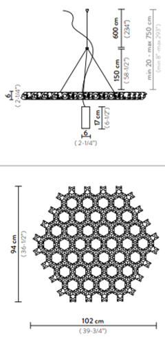 NUVEM Veludo Candeeiro suspenso redondo com padrão de colmeia e dimensões técnicas