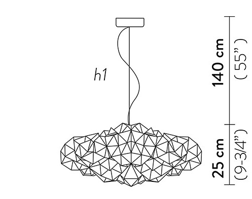 DRUSA Desenho técnico de candeeiro pendente com estrutura geométrica e medidas de altura