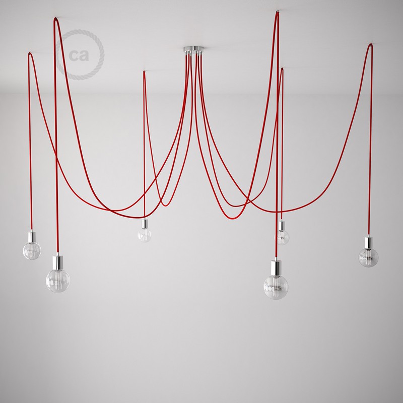 ARANHA 5 | 6 | 7 CROMADO | VERMELHO Luminária suspensa com seis lâmpadas e cordões vermelhos