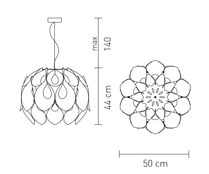 FLORA Desenho técnico de lâmpada pendente com formato floral e medidas.
