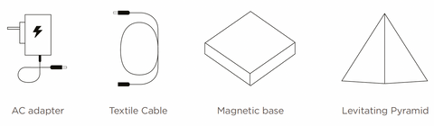 FLYTE PY Desenho de adaptador CA, cabo têxtil, base magnética e pirâmide levitante
