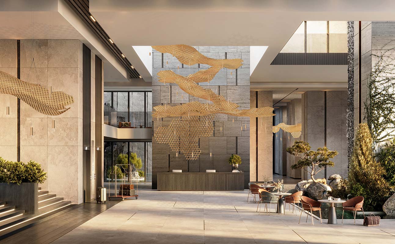 NUVEM Veludo Receção de hotel moderna com decoração em madeira, pedra e esculturas douradas suspensas