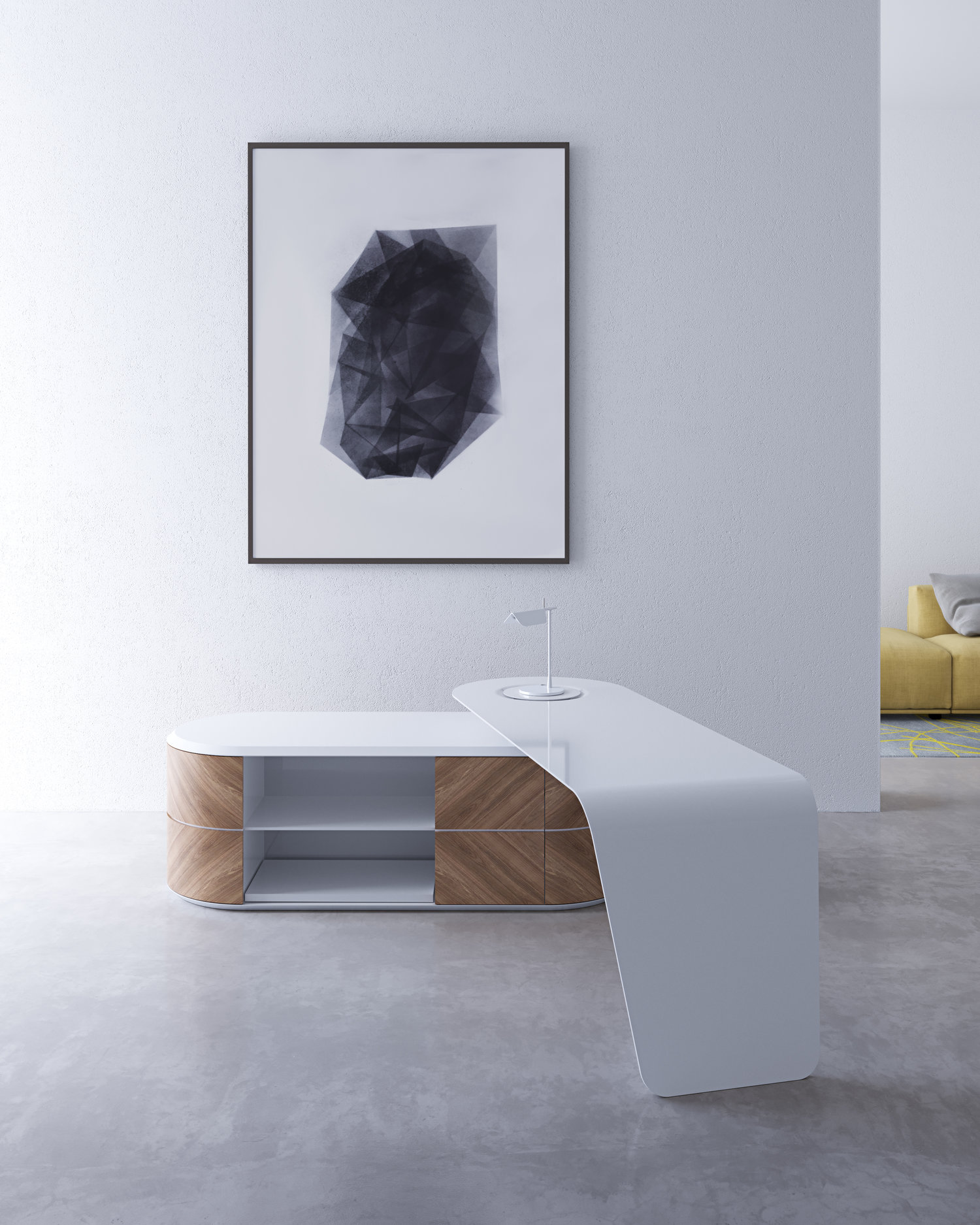 KANIV Desk Big Mesa de centro branca com base de madeira e quadro abstrato preto na parede branca