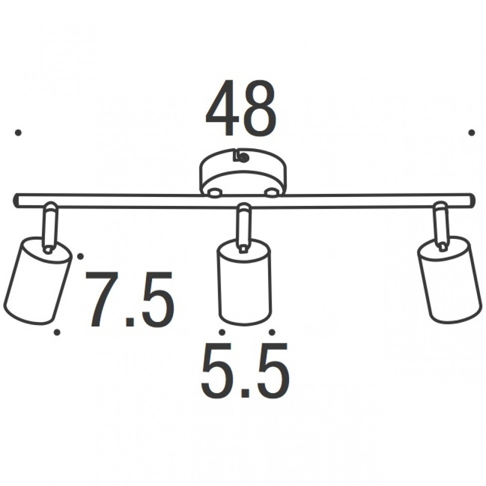 EXPLORE Desenho técnico de candeeiro de teto com três luzes cilíndricas e medidas