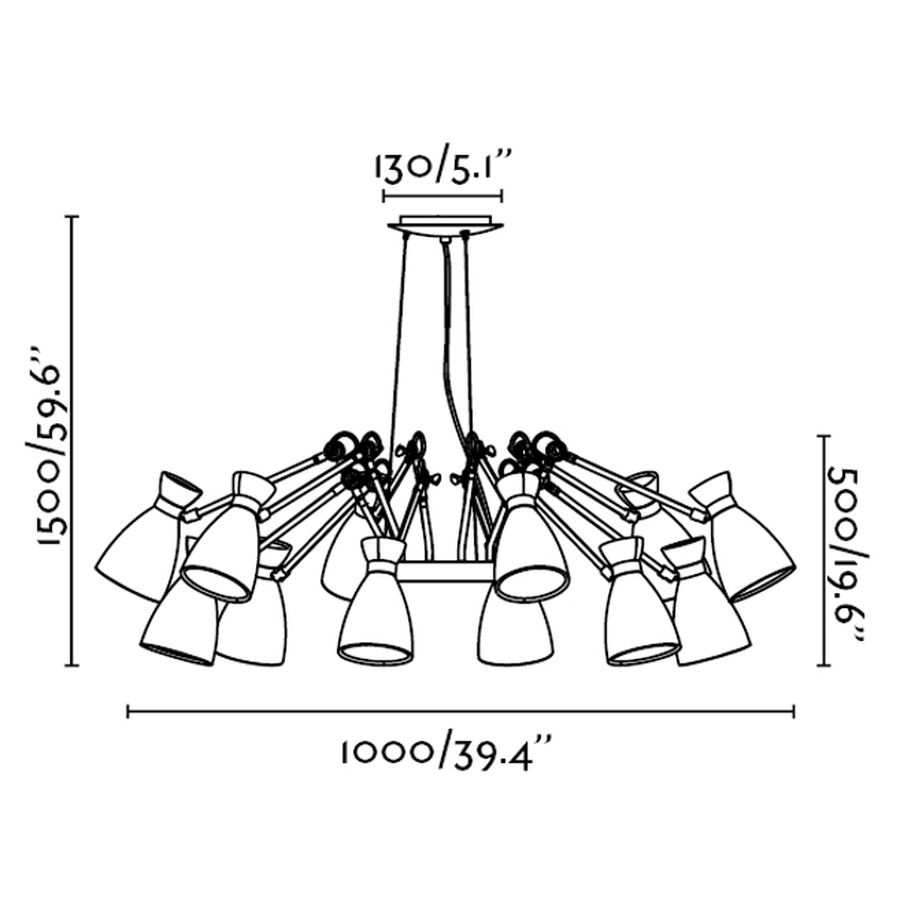 RETRO 12L Desenho técnico de candeeiro de teto com 12 luminárias e dimensões