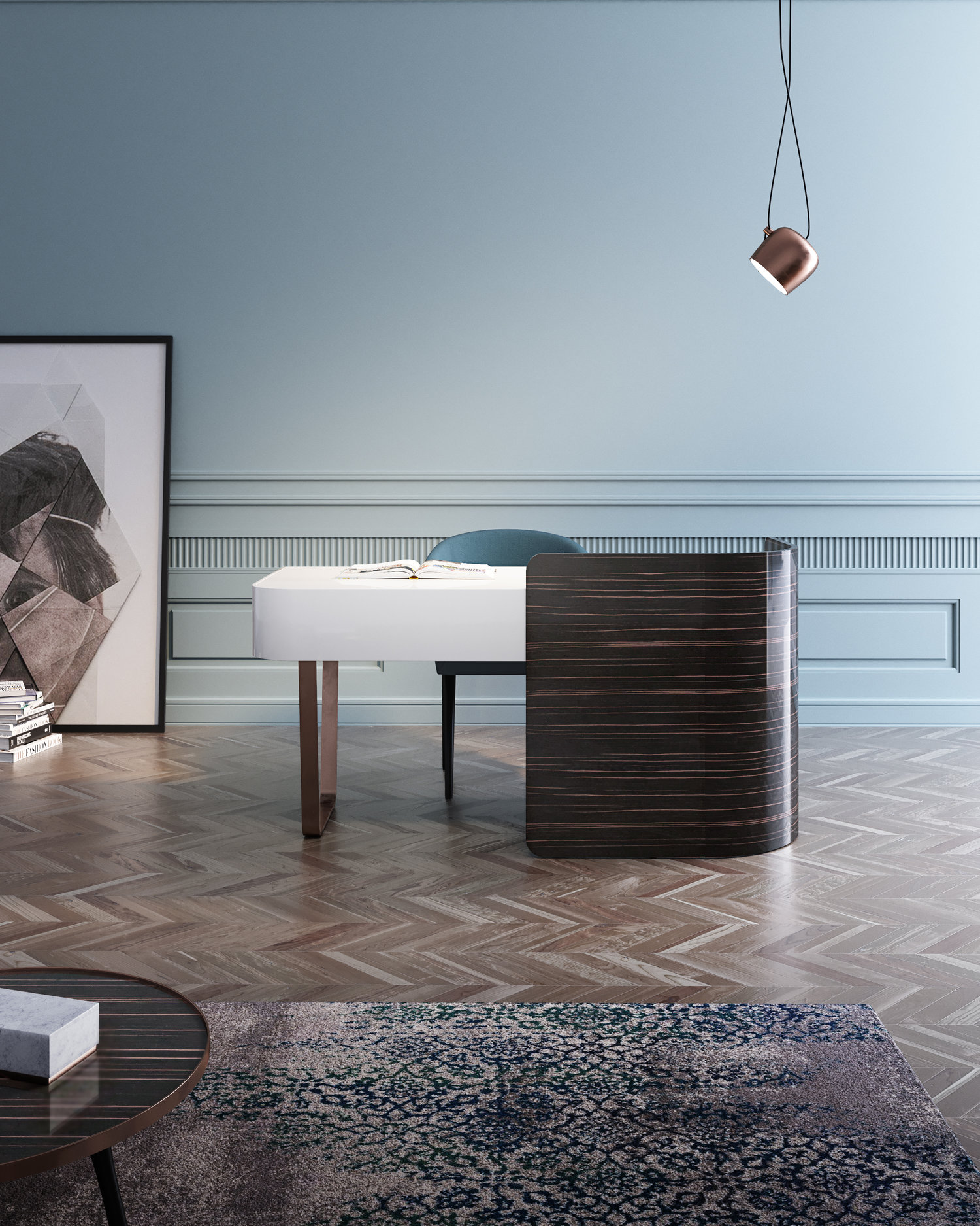 COSY desk Mesa de escritório branca com cadeiras e candeeiro pendente em ambiente moderno