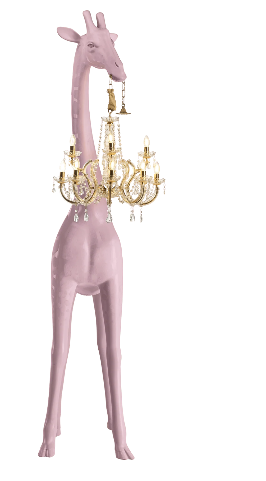 GIRAFFE IN LOVE M Indoor Escultura de girafa rosa com candelabro dourado e cristais
