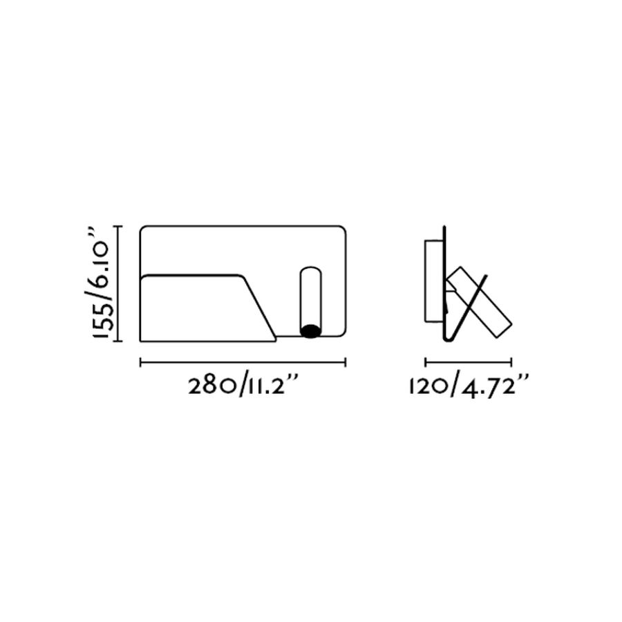SUAU USB Desenho técnico de objeto retangular com medidas em polegadas e centímetros.