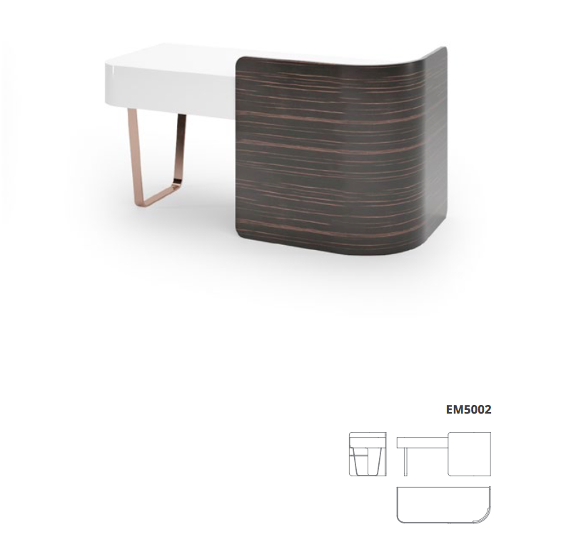 COSY desk Mesa de escritório branca com base curva em madeira escura e estrutura metálica cobre