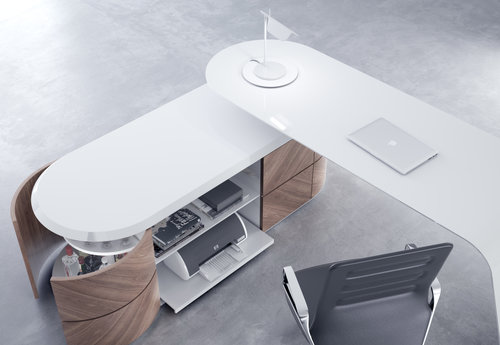 KANIV Desk Big Mesa de escritório moderna com tampo branco oval e cadeira preta num piso cinza
