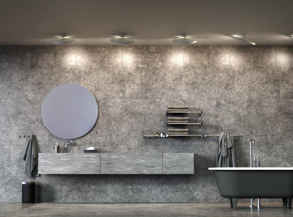 KAITO 30|40 Casa de banho moderna com lavatório cinzento suspenso, espelho redondo e banheira preta