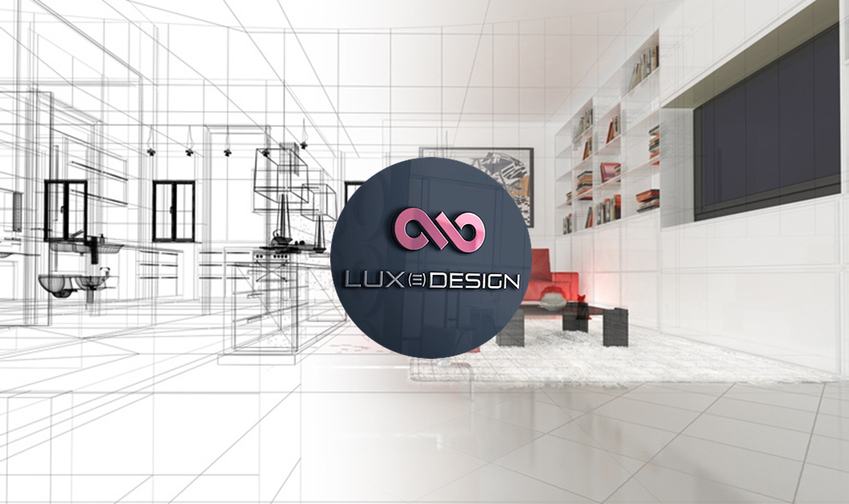 Sala de estar moderna metade esboço 3D metade realista com logo LUX DESIGN