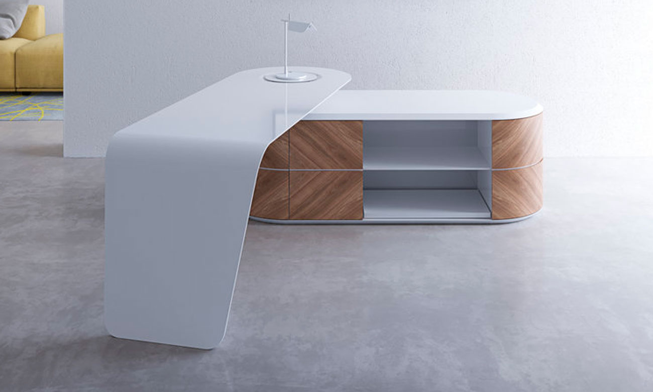 KANIV Desk Big Mesa de centro moderna branca e madeira clara com prateleiras abertas