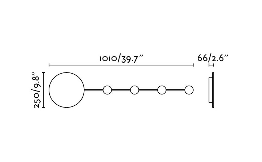 HAN LED Desenho técnico de cabideiro de parede com cinco ganchos e dimensões em mm