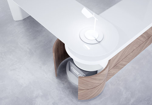 KANIV Desk Big Mesa de centro branca com tampo em vidro curvado e estrutura de madeira clara