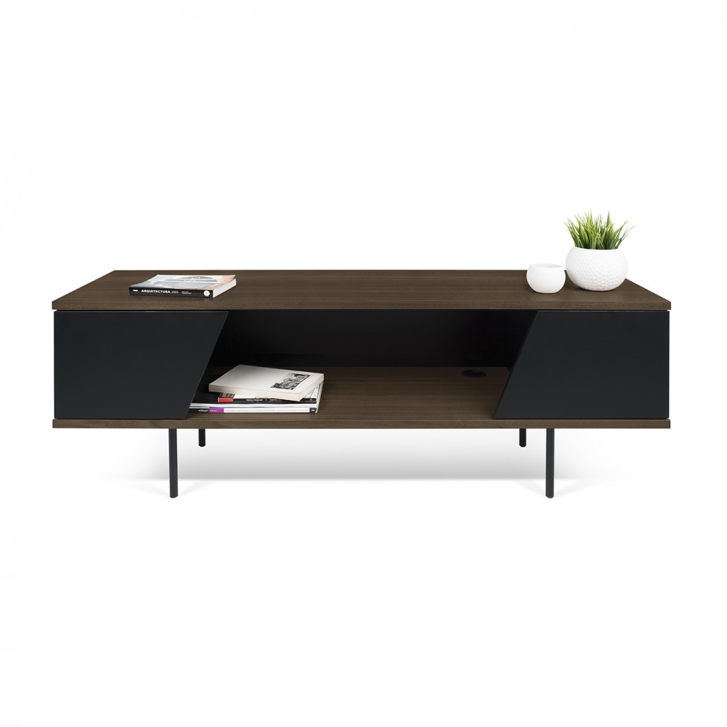 DIXIE Mesa de centro em madeira castanho escuro e preto com livros e vasos brancos