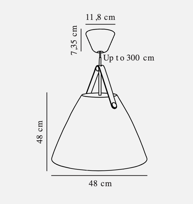 STRAP 27 | 36 | 48 Desenho técnico de candeeiro suspenso com dimensões em centímetros.