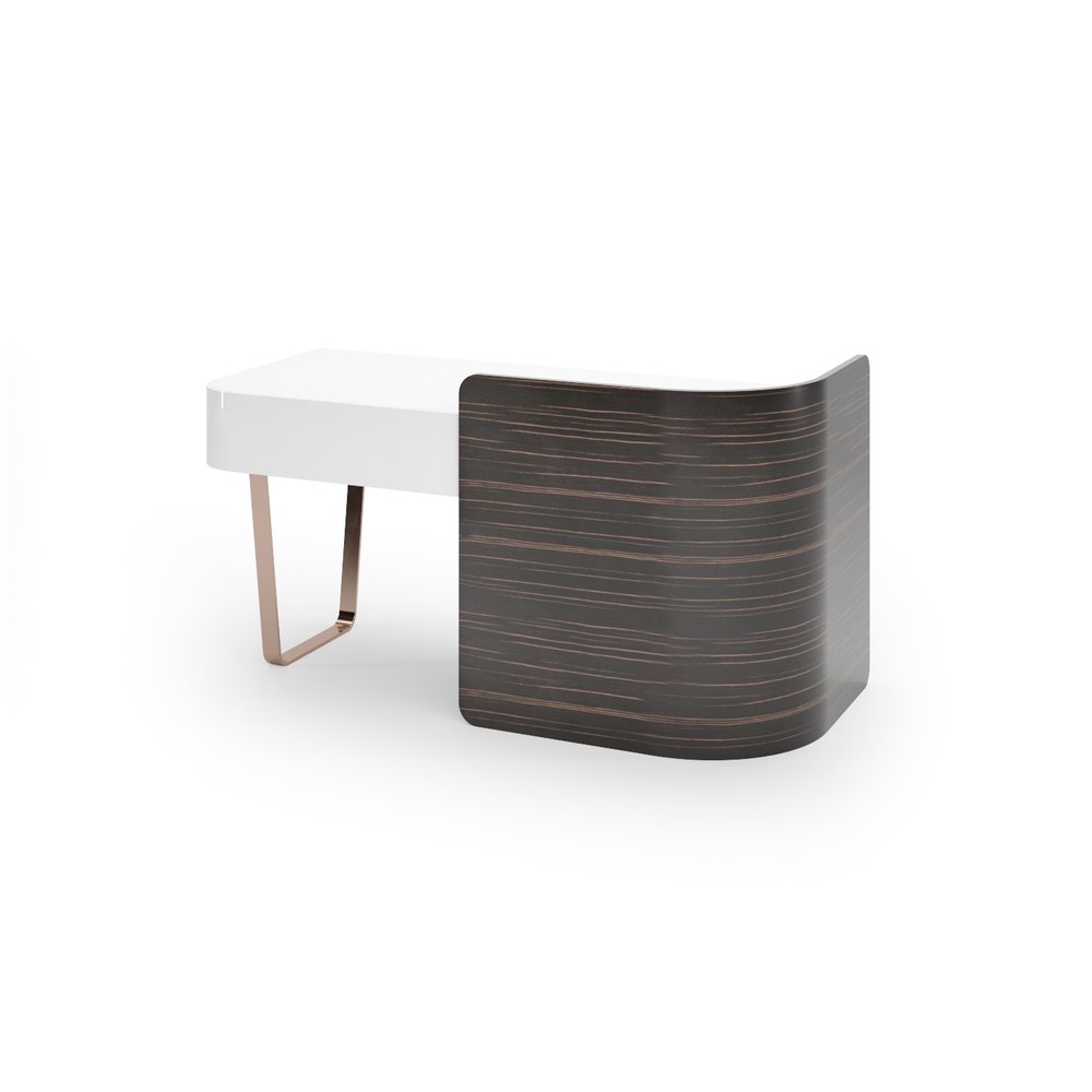 COSY desk Secretária branca com estrutura dourada e painel em madeira escura