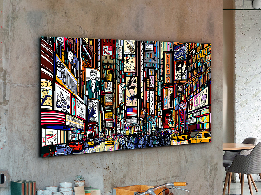 COMIC Quadro colorido da Times Square em parede cinzenta com móveis modernos