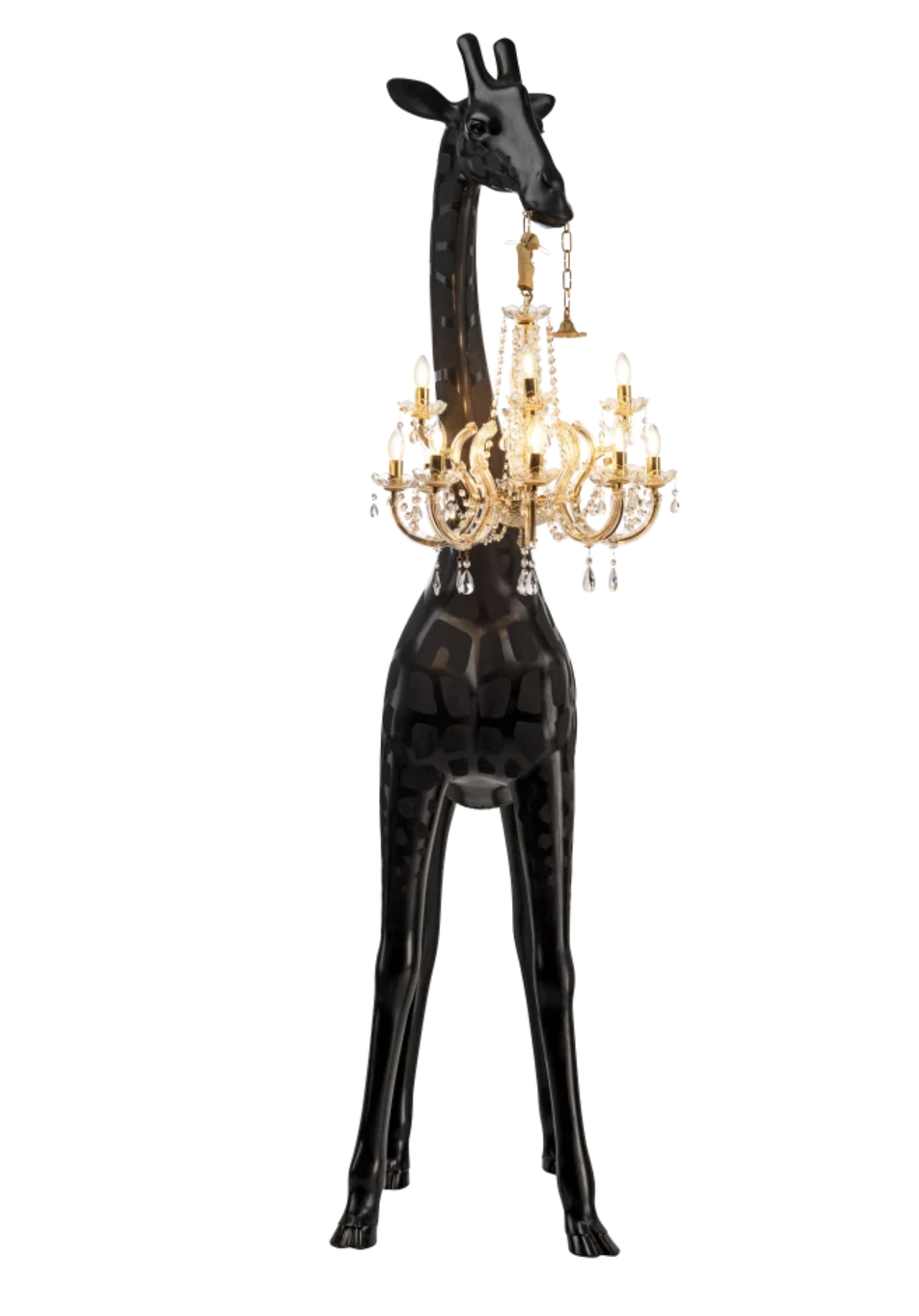 GIRAFFE IN LOVE M Indoor Abajur girafa preta a segurar candeeiro de teto dourado com cristais