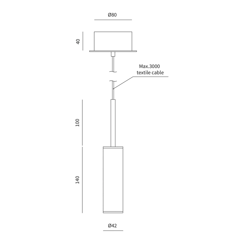Desenho técnico de candeeiro pendente com dimensões detalhadas.