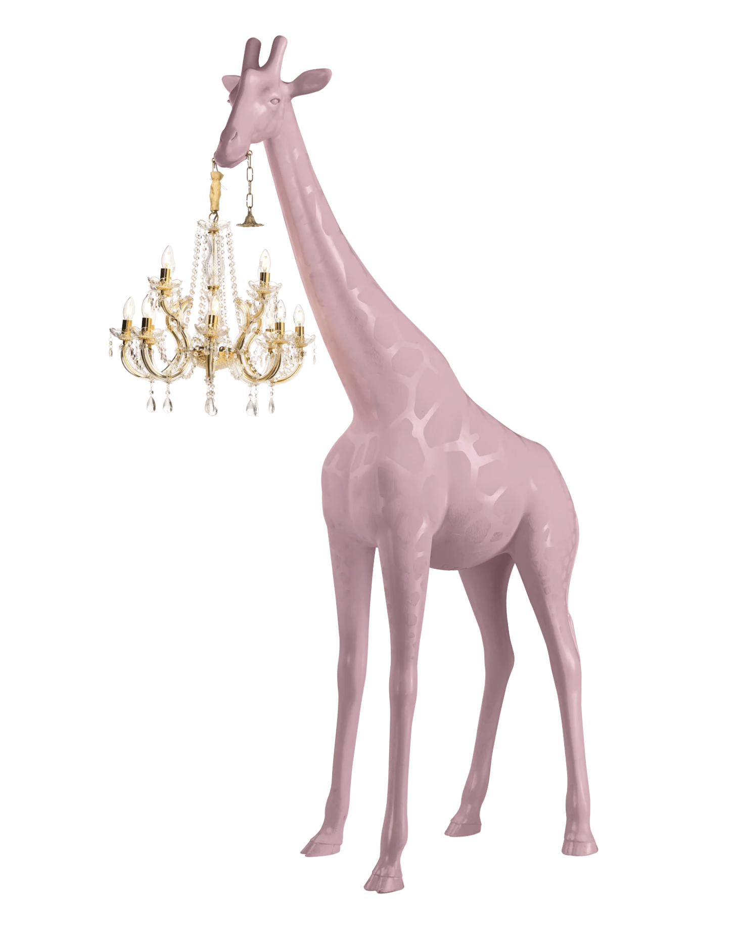 GIRAFFE IN LOVE M Indoor Estátua rosa de girafa a segurar candeeiro de cristal