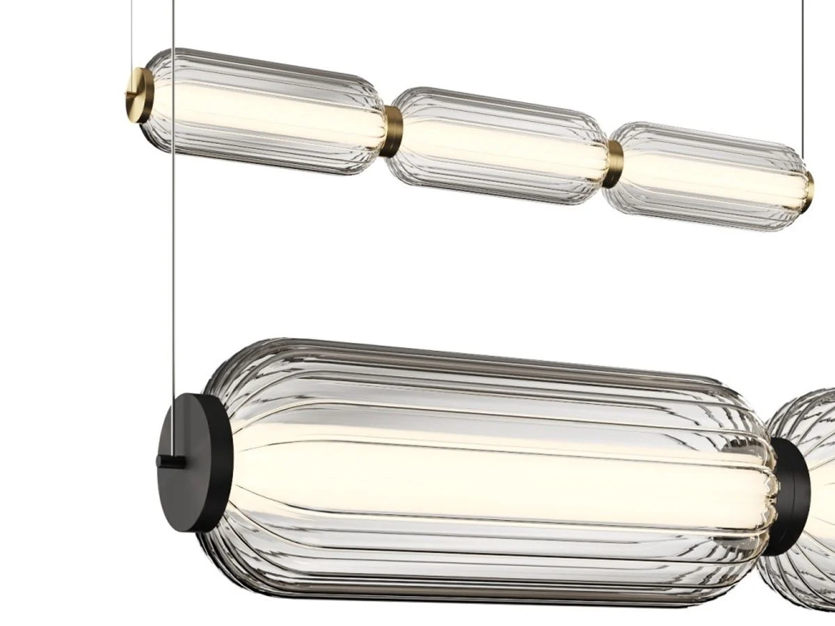 ELMA Candeeiro de tecto com três luzes cilíndricas de vidro transparente e metal negro e dourado