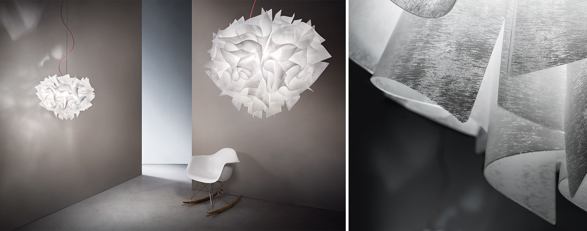 VELI COUTURE by Adriano Rachele Candeeiro de teto branco com design floral pendurado em ambiente minimalista com cadeira de baloiço branca