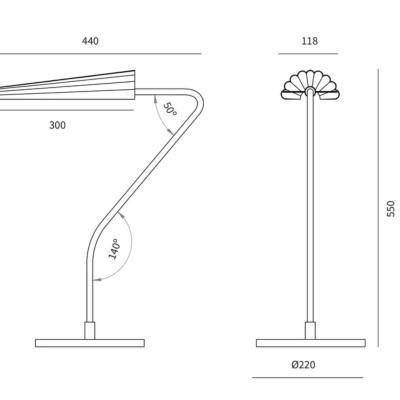 Desenho técnico de candeeiro de mesa com dimensões e ângulos indicados.
